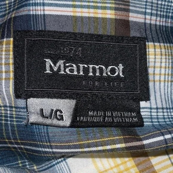 Marmot Plaid Short Sleeve Button Up Shirt Men’s L Yellow‎ Blue - Picture 8 of 10